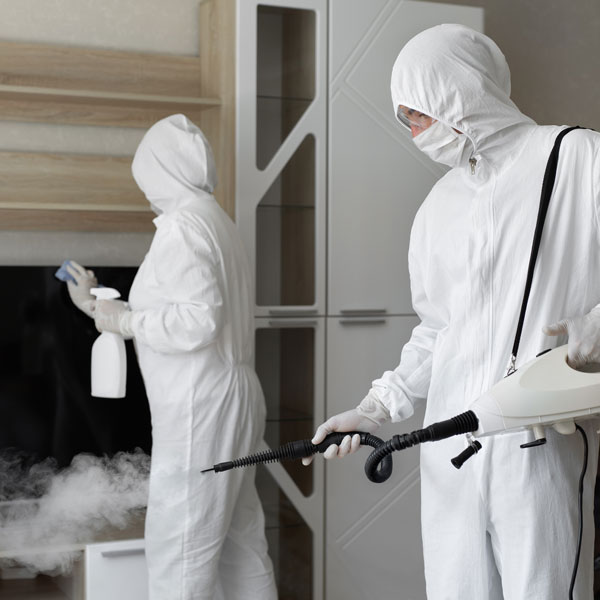 two individuals in PPE disinfecting a room