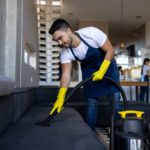 A man using a vacuum to remove dirt and debris from a sofa