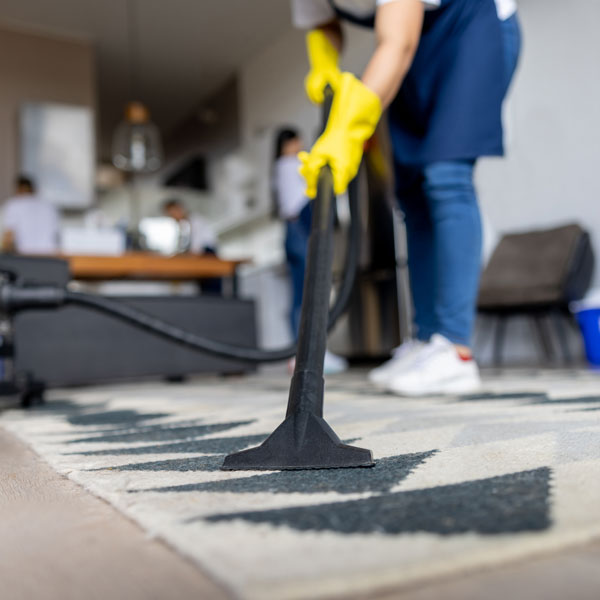 closeup of a vacuum removing dirt and debris from an area rug by a specialized cleaning technician