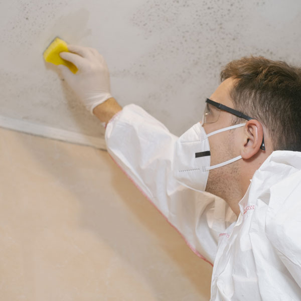 Closeup of a man scrubbing a ceiling that seems to have mold