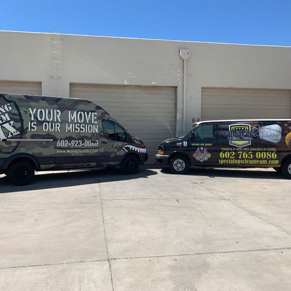 Two service vans outside their warehouse in the Phoenix, AZ area